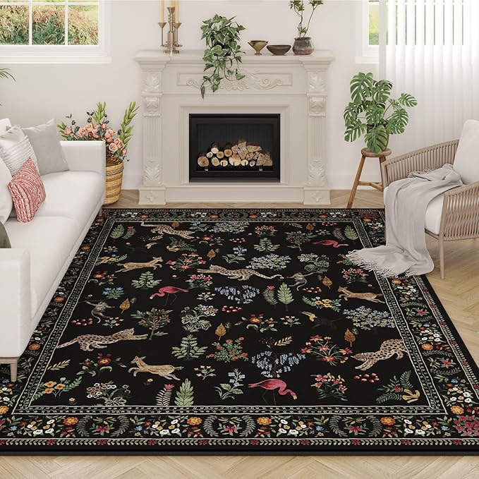 Rugcomf Living Room Rug 6x9 Rug Machine Washable Boho Area Rug Non Slip Floral Animal Vintage Low Pile Large Rug for Living Room, Bedroom, Farmhouse, Dining Room, Kids Playroom (Black)