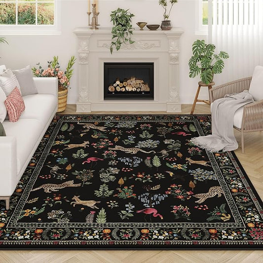 Rugcomf Area Rugs 8x10 Rug for Living Room Clearance Washable Boho Area Rug Non Slip Floral Animal Vintage Low Pile Large Rug for Living Room, Bedroom, Farmhouse, Dining Room, Kids Playroom (Black)