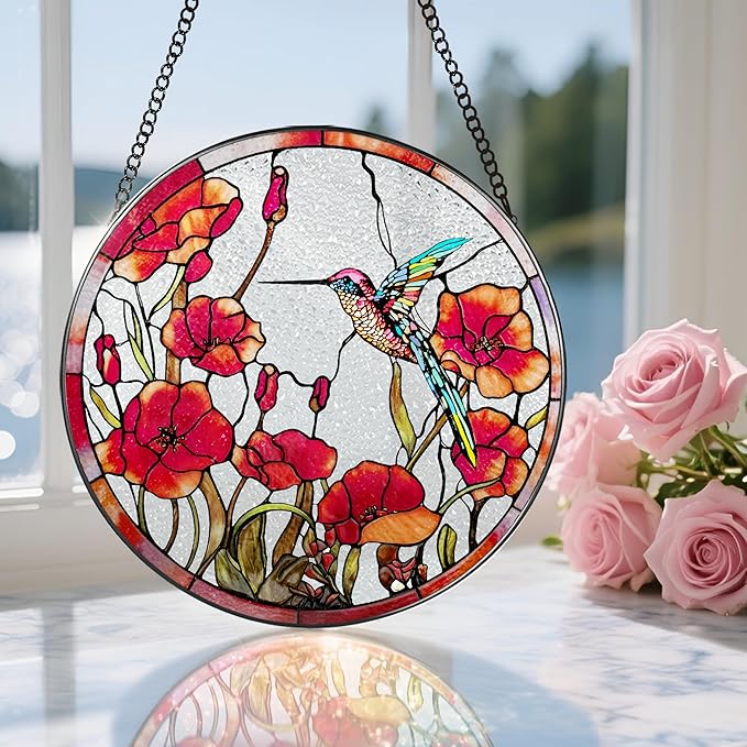 8 Inch Hummingbird Stained Glass Suncatchers for Window Hanging Decor Art Gift for Hummingbird Lovers Wall Hanging Ornament Ideal Festival Gift