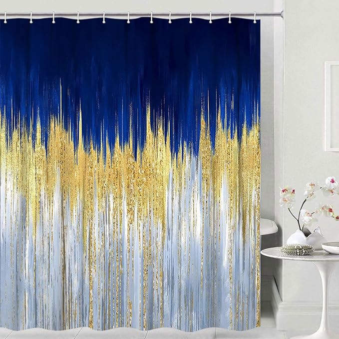 JAWO Abstract Blue Shower Curtain, Gold Blue Boho Ombre Minimalist Chic Art Shower Curtains, Modern Neutral Contemporary Striped Brush Strokes Tan Art Waterproof Bathroom Curtain with 12 Hooks