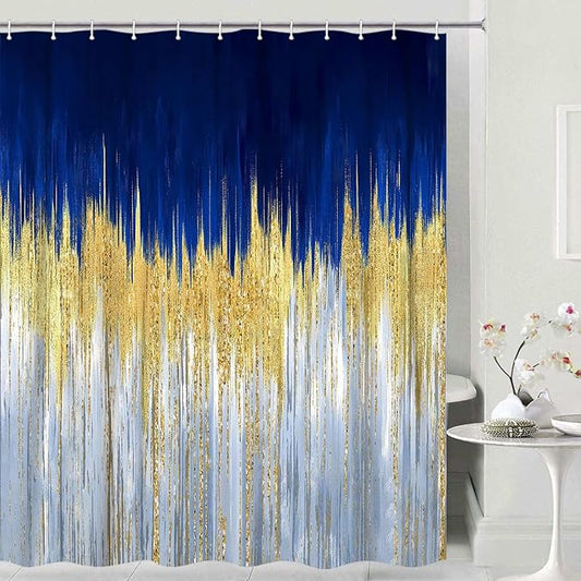 JAWO Abstract Blue Shower Curtain, Gold Blue Boho Ombre Minimalist Chic Art Shower Curtains, Modern Neutral Contemporary Striped Brush Strokes Tan Art Waterproof Bathroom Curtain with 12 Hooks