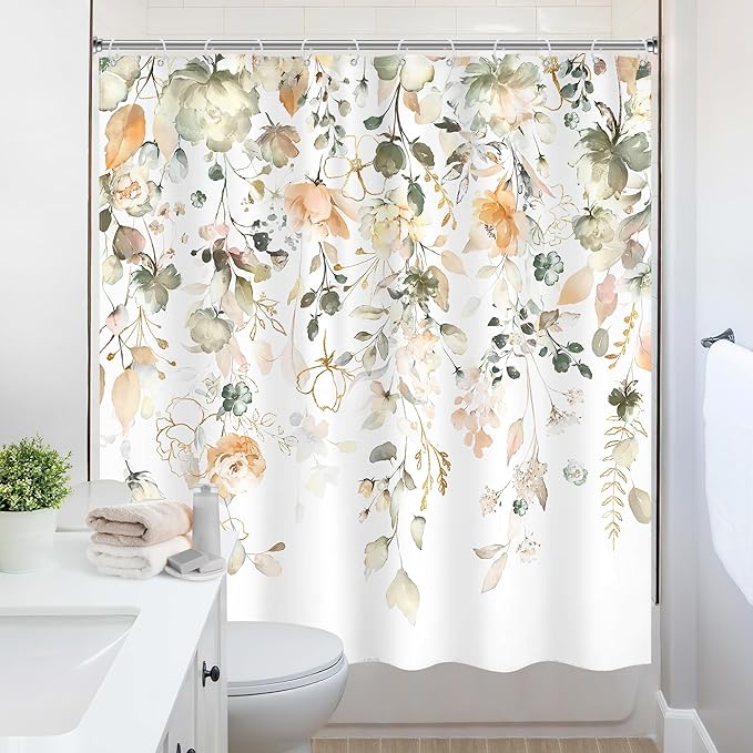 Green Yellow Floral Shower Curtain 72Wx72L Inch Summer Watercolor Sage Flower Eucalyptus Leaves Botanical Country Pretty Bathroom Set Plant Bath Curtain Bathtub Accessories Home Decor