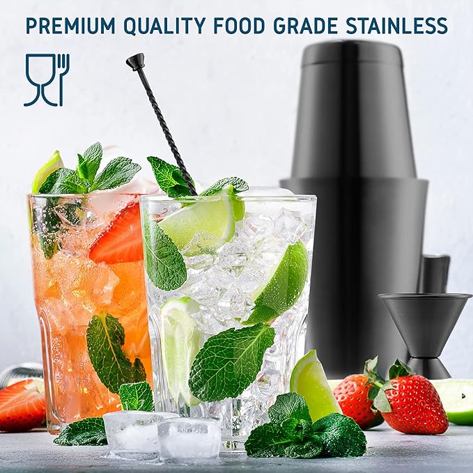 Bar Set Cocktail Shaker Set, Stainless Steel Mixology Bartender Kit, 16 Piece Cocktail Kit, Black Cocktail Set, Bar Tools: 30oz Martini Shaker, Muddler, Bar Kit Cocktail Book, Jigger and Pourers