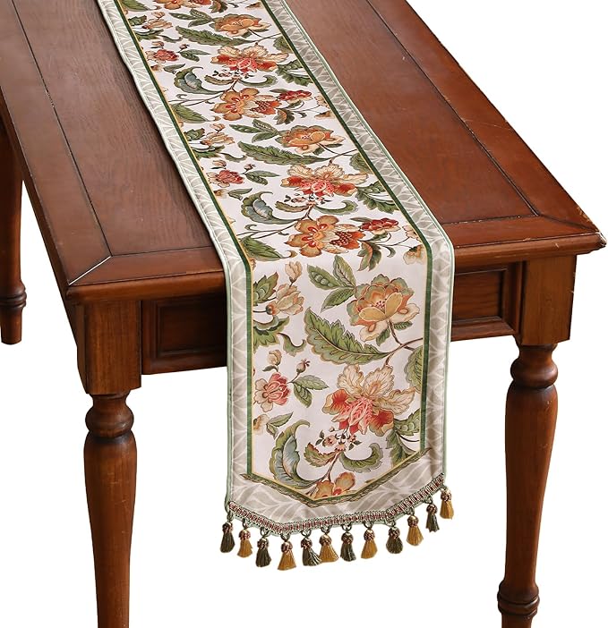 patdrea Designer Elegant French Floral Velvet Table Runner, Fresh Green with Orange Blossoms Pattern Table Mat, Decoration for Kitchen Dining Coffee Table Cabinet Banquet Thanksgiving,12"*87"