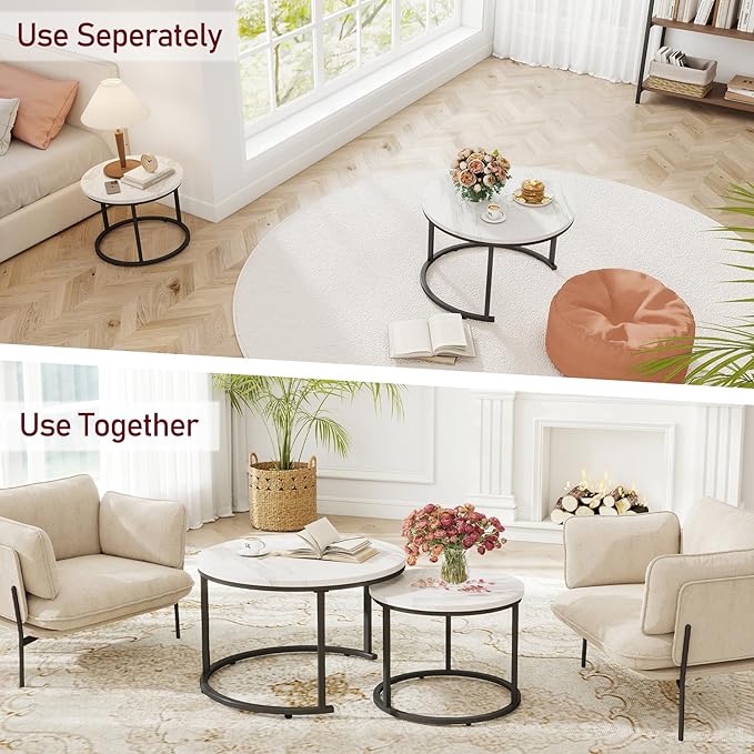 Round Nesting Coffee Table Set of 2, Black and White Faux Marble Top & Steel Frame, Modern Side End Tables for Living Room, Space Saving Accent Cocktail Table