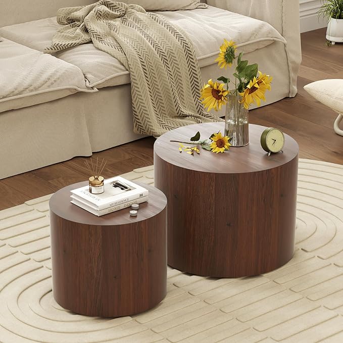 Nesting Coffee Table Set of 2, Round Walnut Wooden Coffee Tables Modern Circle End Table Side Tables for Small Spaces Living Room, Bedroom, Balcony, Office