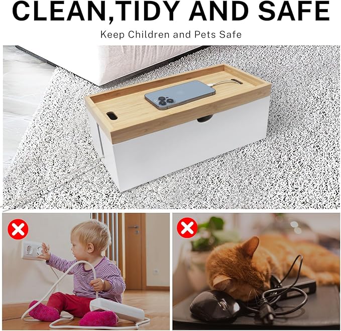 Bamboo Cable Management Box, Large Cord Organizer Box Cable Box to Hide Wires & Power Strips for Desktop Storage Cord Holder for Office Home,No Assembley Required