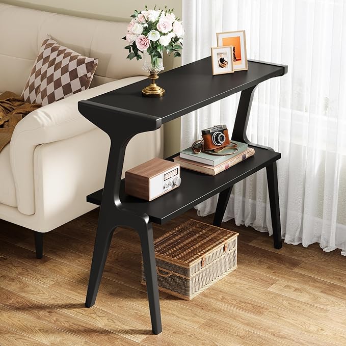 Tribesigns Set of 2 Wood End Table, Modern Narrow Sofa Side Table with Storage, 2-Tier Slim Wooden Bedside Table with Unique Legs for Bedroom, Living Room, Small Spaces, Easy Assembly, Black
