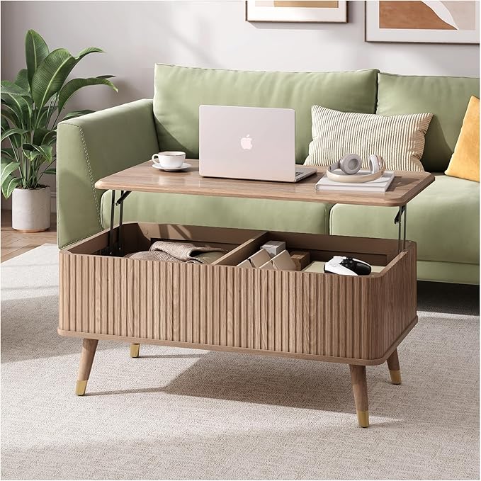 Lift Top Coffee Table, Mid Century Modern Coffee Table with Hidden Compartment, Fluted Lift Tabletop Center Table for Living Room, Home Office, Oak