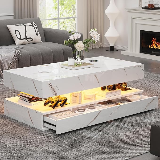 LED Coffee Table, 47.2" Coffee Tables with Storage Drawers, Smart Living Room Table with Wireless Charging & Bluetooth Speaker,Modern Center Tables for Living Room, White Marble