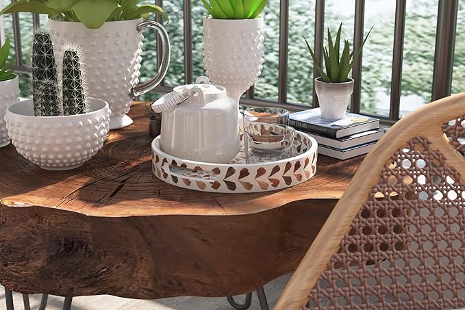 PEMAR 12.6” Mother of Pearl Round Serving Tray with Handles, Decorative Nacred Wooden Ottoman Coffee Table Tray for Dining, Party, Dinner, Breakfast in Bed (Brown Floral Pattern)