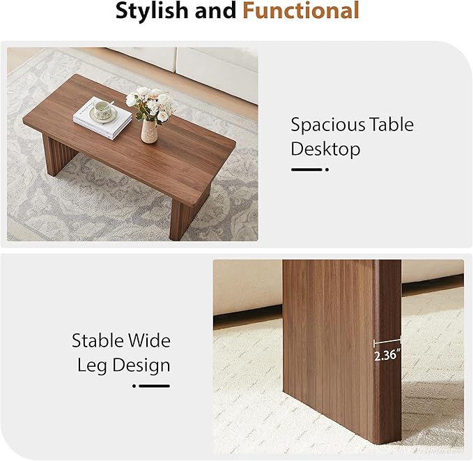 AVZEAR 43Inch Fluted Wooden Coffee Table for Living Room, Mid Century Modern Coffee Table with Sturdy Fluted Legs & Rounded Corner, Curved Rectangle Center Table for Home, Office, Cafe, Walnut