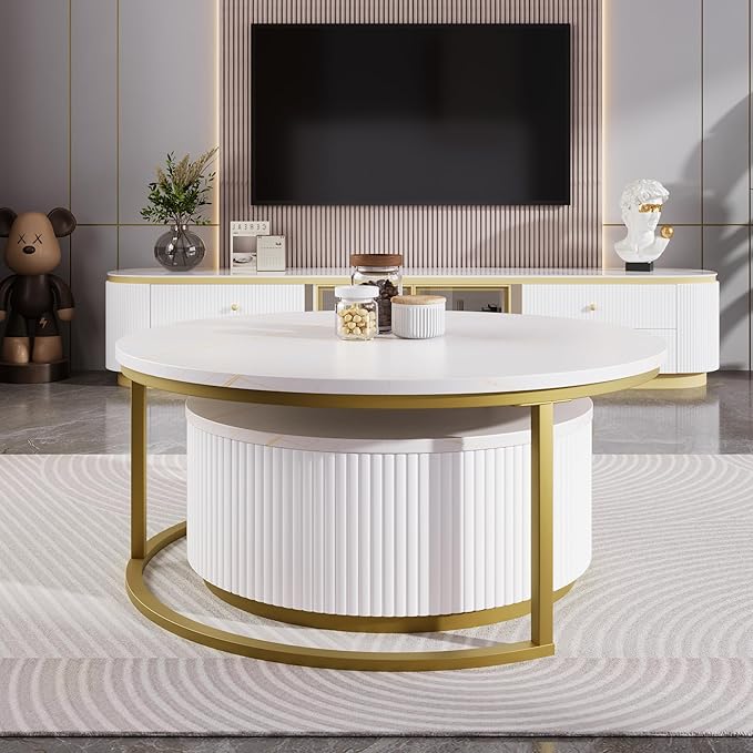 27.6" Modern Round Nesting Coffee Table Fluted with Drawer for Living Room in White & Gold