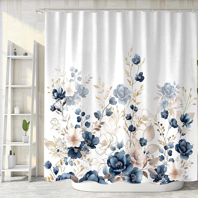 Sanzugh Navy Blue and Gold Flower Shower Curtain, Boho Watercolor Floral Leaves Cute Fabric Shower Curtains Set for Bathroom Decorative with Hooks 60 X 72 inch Beautiful Bath Decor