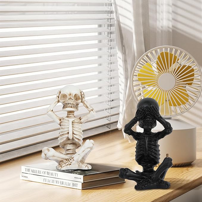 Skull Shelf Decor,Yoga Skeleton Figurine,Halloween Gothic Home Decor,Antique Silver Accent Statue,Collectible Figurines Set of 3(Black)