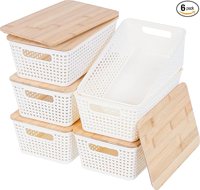 Storage Bins with Lids 6 Packs, Plastic Storage Bins with Bamboo Lids for Pantry Organization and Storage Containers for Shelves Drawers Desktop Closet Playroom Classroom Office Home, White