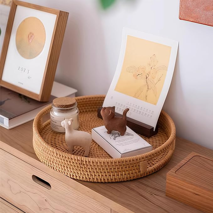 11.8" Round Rattan Tray, Hand Woven Serving Tray with Handles, Wicker Serving Basket, Decorative Tray for Home Decor, Natural