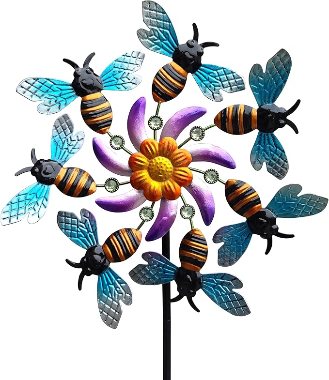 39" Bee Wind Spinners Metal Garden Stake-Outdoor Yard Windmill-Wind Sculpture Yard Art Decorations for Patio,Lawn & Garden
