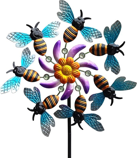 39" Bee Wind Spinners Metal Garden Stake-Outdoor Yard Windmill-Wind Sculpture Yard Art Decorations for Patio,Lawn & Garden