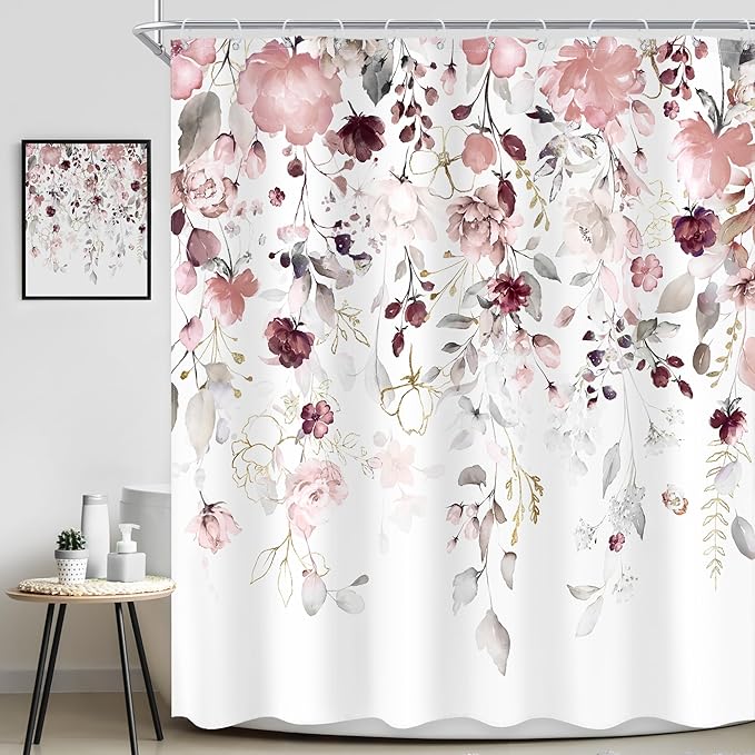 Floral Flower Shower Curtain 60Wx72L Inch Grey Pink Floral Blossom Eucalyptus Leaves Botanical Watercolor Wildflower Plant Girls Bathroom Set Rustic Bath Curtain Bathtub Accessories Home Decor