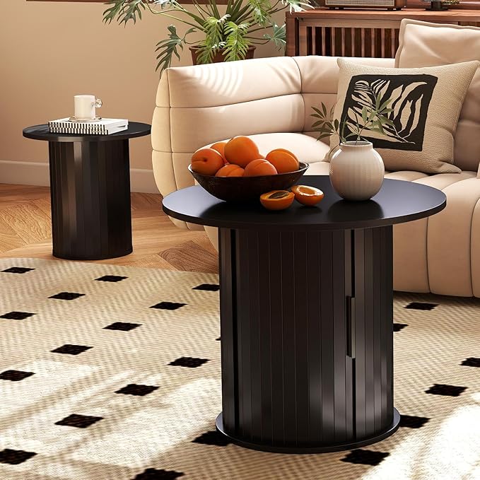 Nesting Coffee Table Set of 2 with Hidden Storage & Sliding Door, Circle Wood Coffee Table, Farmhouse Side & End Table Sets for Living Room, Small Spaces, Black