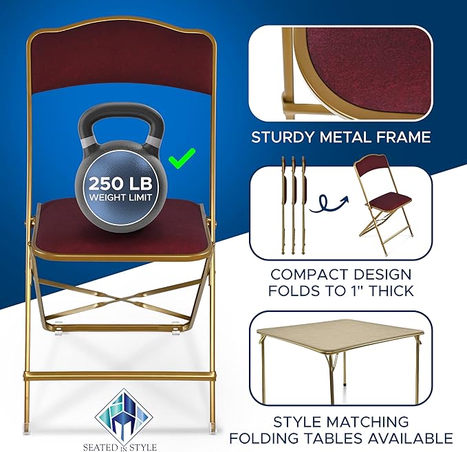 Folding Chairs with Padded Seats 4 Pack - Foldable Chair with Heavy-Duty Steel Frame, Elegant Party Bridge Chairs, Home, Office, Indoor Outdoor Events - Gold/Burgundy Fabric