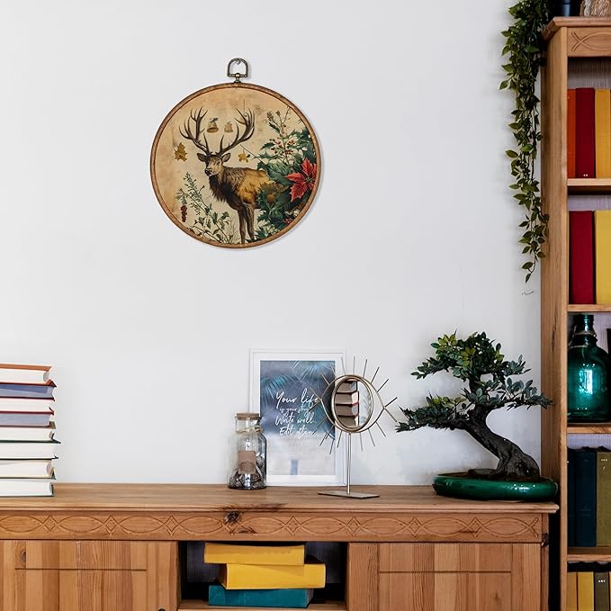 KSDUT Vintage Deer Wall Decor Art - Retro Christmas Wall Art Canvas Frame Hanging Prints, Xmas Holiday Elk Round Wall Art Decor for Farmhouse Home Decorations 10"x10"