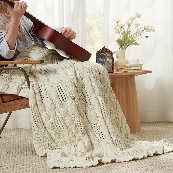 Amélie Home Chunky Knit Throw Blanket, Dual-Sided Soft Chenille Breathable Cable Knitted Blanket for Couch, Farmhouse Decorative Throw for Sofa & Chair, 50"x60", Ivory