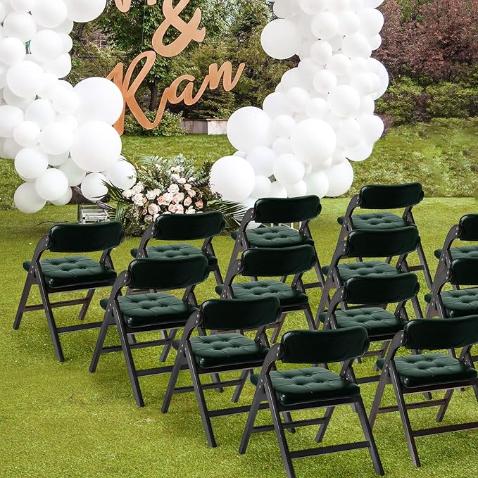 Wood Folding Chairs with Padded Seats, Wooden Folding Chairs Set of 2, Foldable Dining Chair with Cushion, Stackable Extra Chair for Indoor Outside Events, Party, Wedding (Black Green)