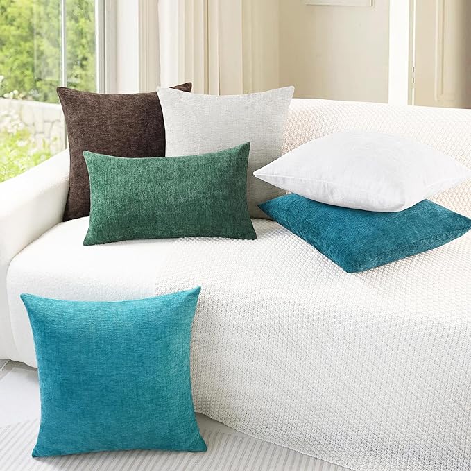 CaliTime Throw Pillow Covers Decorative 16 X 26 Inches Pack of 2 Cozy Chenille Cushion Cases for Couch Sofa Bed Living Room Home True White