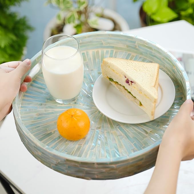 PEMAR 12.6” Mother of Pearl Round Serving Tray with Handles, Decorative Nacred Wooden Ottoman Coffee Table Tray (Teal Sunlight)