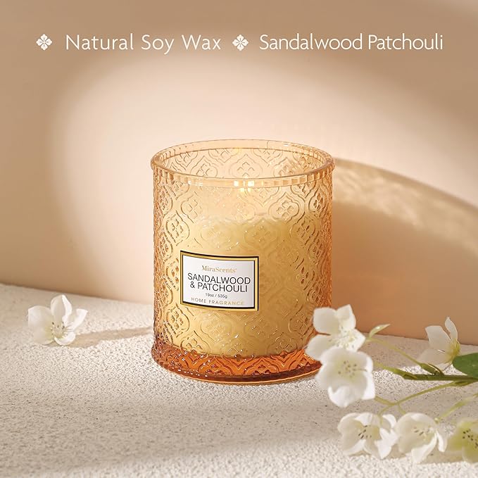 Sandalwood & Patchouli Scented Candles, 19oz Luxury Gifts for Women, Orange Decorative Glass Candles, Natural Soy Wax for Home Fragrance