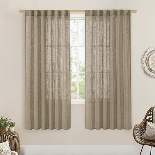LAMIT Linen Curtains 68 Inch Length 2 Panels, Light Filtering Panels Back Tab and Rod Pocket Neutral Drapes for Bedroom/Window/Living Room, Taupe, 52 x 68 Inch
