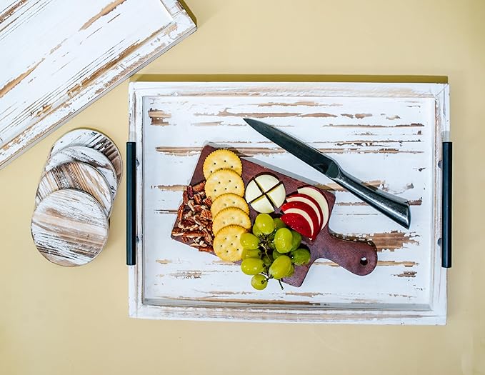 Decorative Ottoman Serving Tray Wooden Rustic (Set of 2) | Black Sleek Metal Handles | 4 Matching Coasters | Coffee Table Decor | Serving Kitchen Platter (Rustic White)