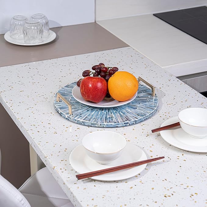 PEMAR Mother of Pearl Decorative Tray, 13" Round Versatile Display and Serving Tray with Gold Handles, Vanity/Perfume/Trinket Catchall for Dresser, Bathroom, Vanity Table (Blue Starburst)