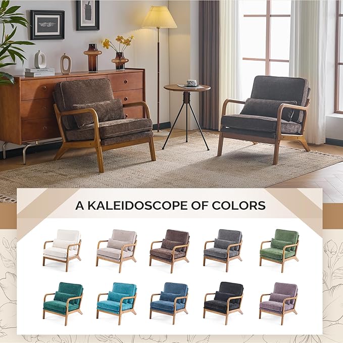 VINGLI Chenille Mid-Century Modern Accent Chair Set of 2, Cute Reading Arm Chair with Cushion & Lumbar Pillow & Solid Wood Frame for Lounge, Living Room, Reading Room, Bedroom, Espresso