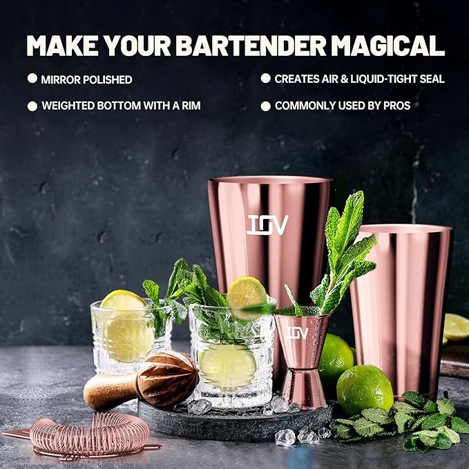 IOV Boston Cocktail Shaker Bar Set, Bartender Kit Drink Mixer Set with 18 oz & 28 oz Boston Shakers, Hawthorne Strainer, Double Jigger, Bar Tool Kit and Recipe Booklet - Rose Gold