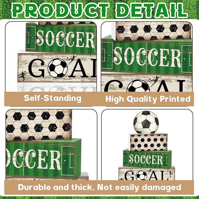 4 Pcs Soccer Party Decorations Soccer Table Centerpiece Football Tiered Tray Decor Wooden Ball Block Signs Gift Sports Themed Table Decorations for Boys Baby Shower Party Supplies Decor