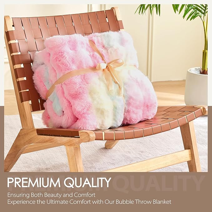 Luxury 1000GSM Faux Rabbit Fur Throw Blanket, Super Heavy Warm Cozy Blankets for Couch Bed Sofa, Bubble Plush Fuzzy Elegant Soft Reversible Mink Blanket for Living Room Bedroom, Rainbow
