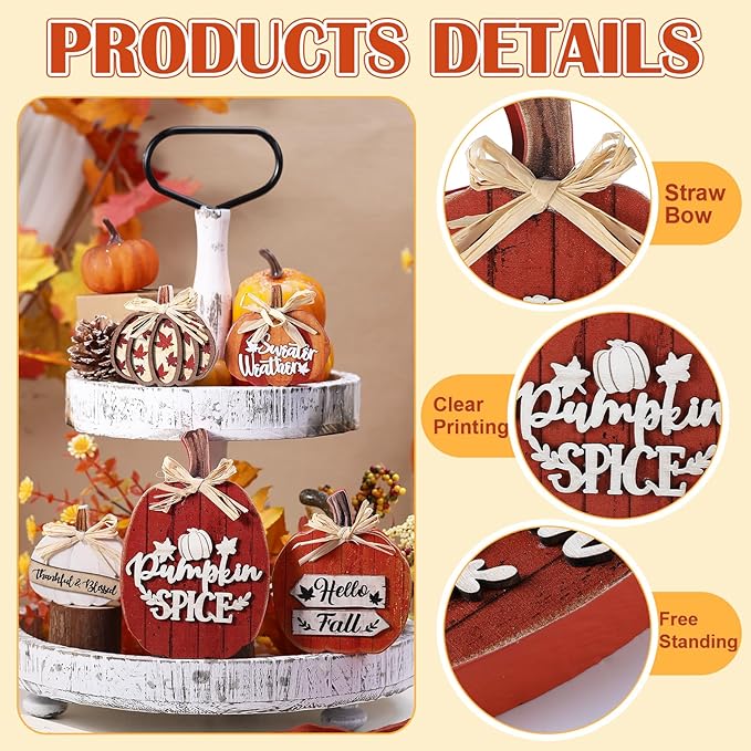 5 Pcs Fall Pumpkin Decor for Home Thanksgiving Wooden Table Centerpiece Decorations Fall Wooden Pumpkin Spice Signs for Autumn Farmhouse Kitchen Mantle Tabletop Supplies