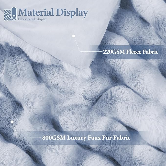 Touchat Luxury 1000GSM Faux Rabbit Fur Throw Blanket, Super Heavy Warm Cozy Grey Blankets for Couch Bed Sofa, Ruched Plush Fuzzy Elegant Soft Reversible Mink Blanket for Living Room Bedroom, Blue