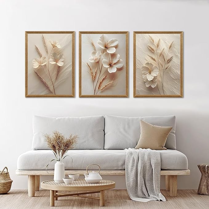 arfitest 3Pcs framed Neutral Beige Floral Canvas Wall art Modern Simple Texture Flower Plant Painting Picture Wall Decor Vintage Blossom Poster Print for Living Room Bedroom Bathroom (12x16 inches)