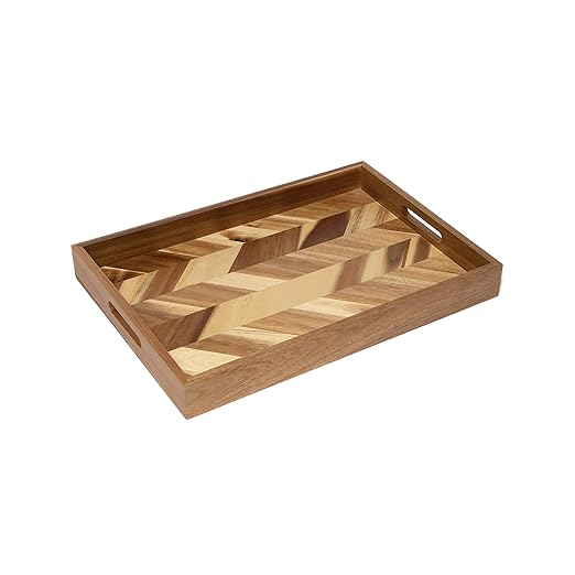 Lipper International 1265 Acacia Herringbone Serving Tray with Handle Cutouts for Meals or Organizing, 19 3/4" x 13 3/4" x 2 1/4"