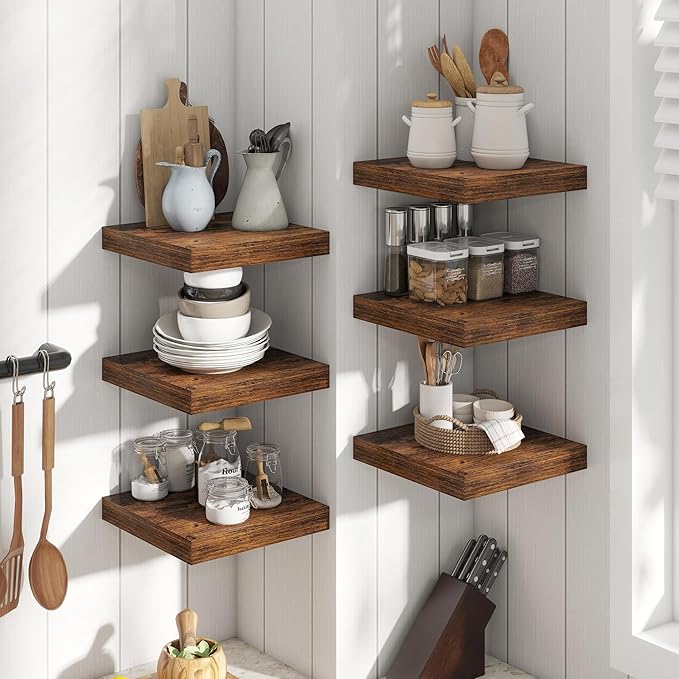 Floating Shelves for Wall with Invisible Brackets, Wall Mounted Engineered Wood Shelves with Wood Grain for Living Room, Bathroom, Kitchen Decor and Storage, Oak, 12"L Set of 3, Rustic Brown