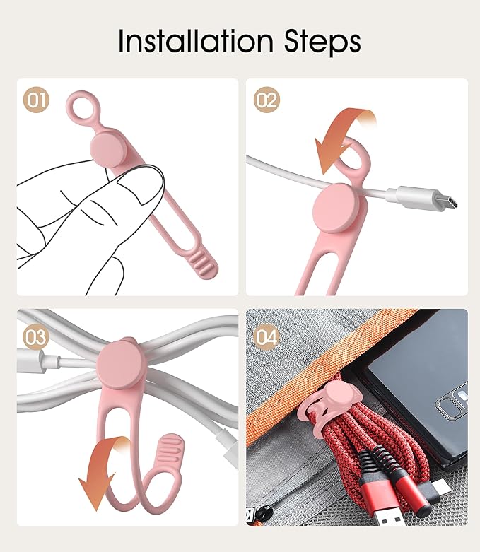 24Pcs Nearockle Silicone Cable Ties 3Inch Cord Organizer, Reusable Small Zip Ties Cable Organizer for Charging Cords Earphone Computer Wire, Office Desk Cable Management Travel Accessories(4 Colors)