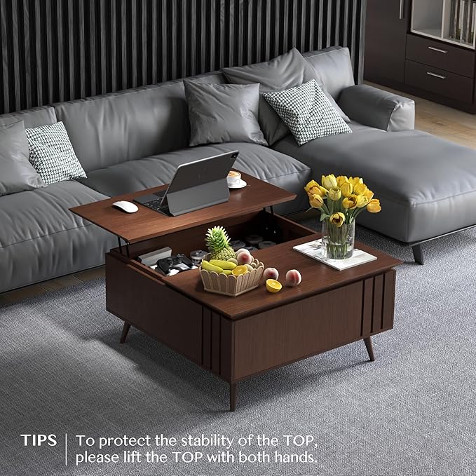 Lift Top Coffee Table with Storage,36" Large Square Coffee Tables for Living Room,Mid Century Modern Center Table for Home, Dark Walnut