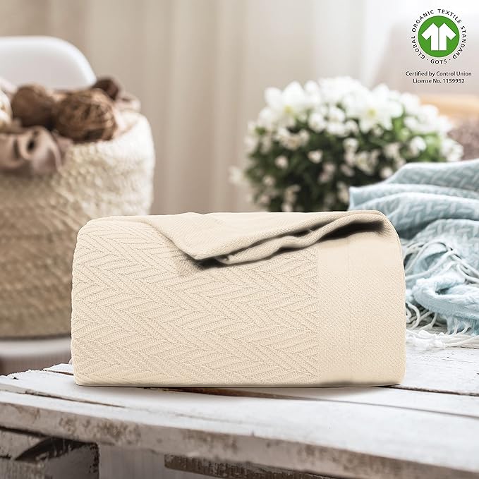 Organic GOTS Certified Cotton Blanket, Twin/Twin XL - 350 GSM, Antistatic, Fuzzy Soft, Lightweight, Sofa, Camping & Travel, All-Season Herringbone Throw, Ivory/Cream + Stylish Bonus Tote Bag