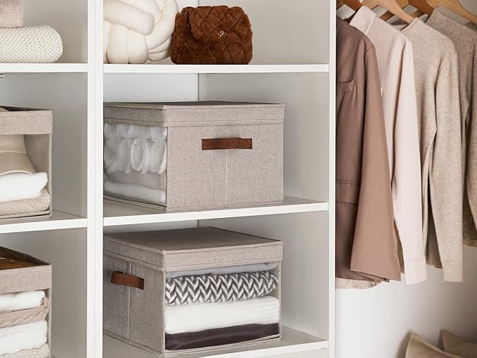 StorageWorks Storage Bins with Lid and Clear Window, Fabric Storage Boxes with Lids, Stackable Basket for Shelves, Closet Organizer and Storage Bins, Brown and Beige, Large, 4-Pack