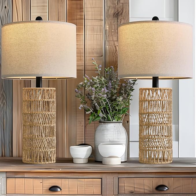 OYEARS 22.5" Boho Table Lamps Set of 2 for Living Room, Bedside Lamp for Nightstands, Rattan Lamp for Bedroom, Farmhouse Table Lamp for Room Decor, End Table, Retro, Brown（Not Include Bulbs）
