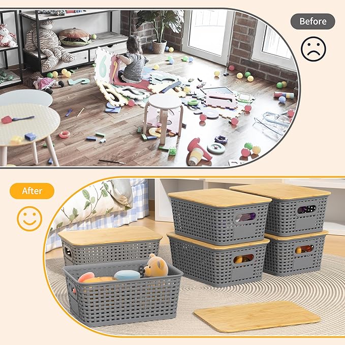 6 Pieces Gray Plastic Storage Baskets with Bamboo Lids with Labels Stackable Storage Containers for Organizing Shelves Drawers Desktop Closets Playroom Classroom Office